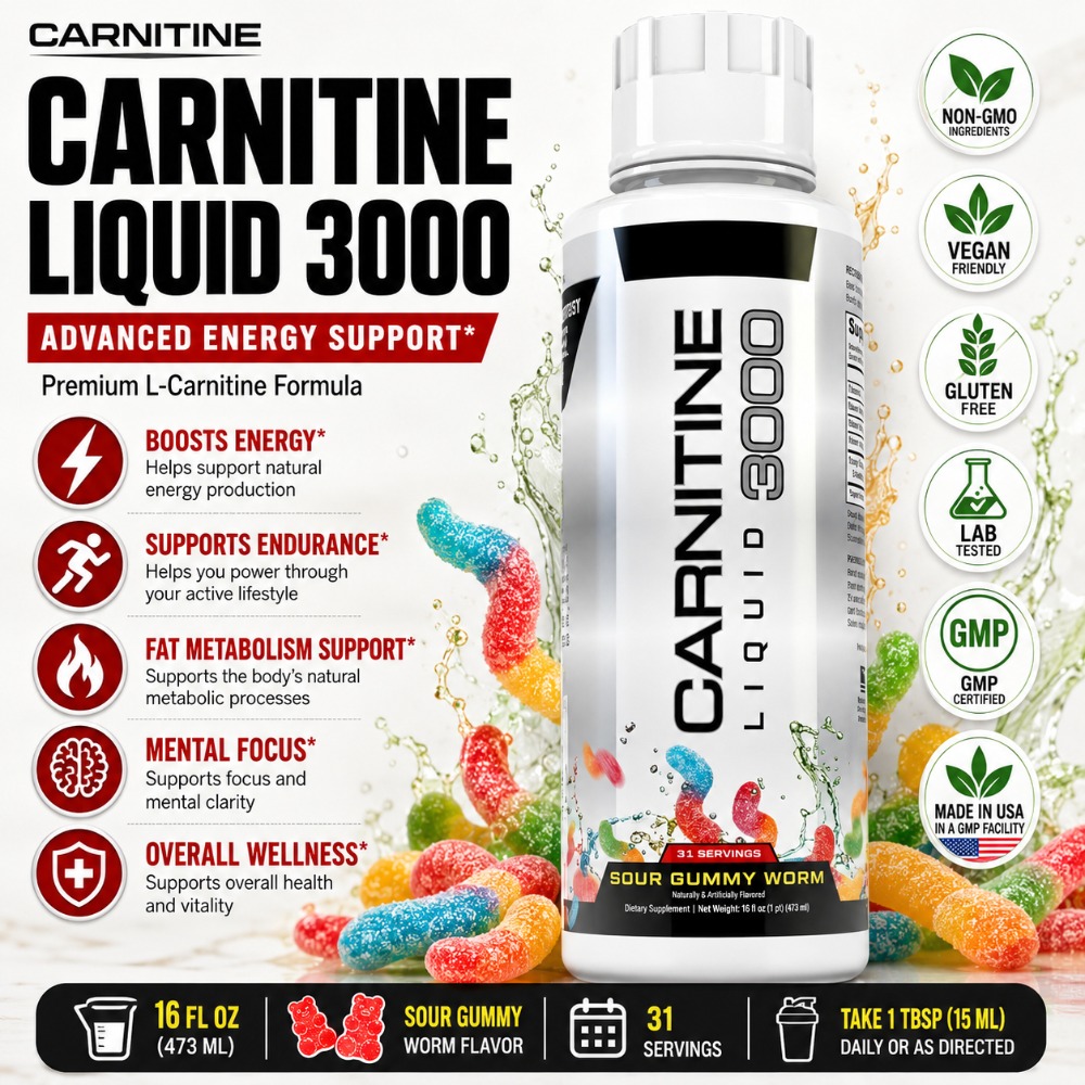 L-Carnitine Liquid - L-カルニチン液状3000mg サワーグミワーム風味、31回分、フィットネスサプリメント、アミノ酸ドリンク、エネルギー＆代謝サポート